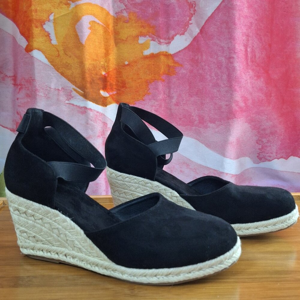 Faux Suede Black Natural Wedge Closed Toe Espadrilles Ankle Straps Size 39 EU